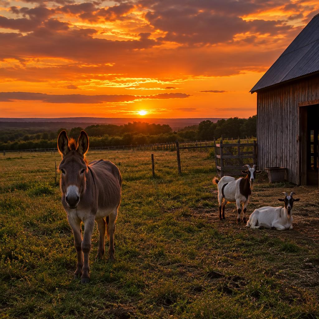Donkey and goats at sunset by the barn